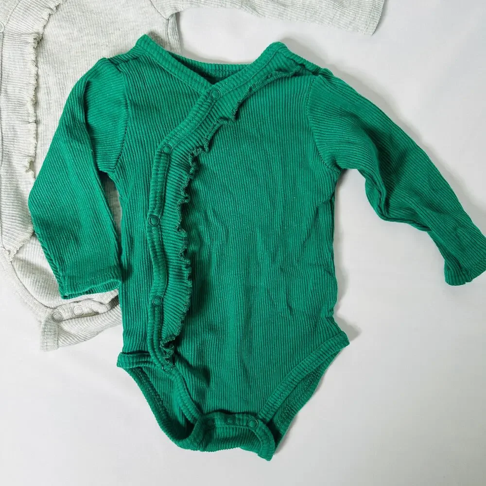 Mother's Promise Bundle of 2 Green & Gray Long Sleeve Ruffle Bodysuit Sz 3-6 mo